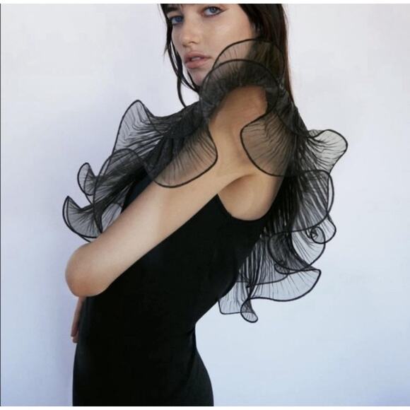 Zara Dress Small Black One Shoulder Organza Ruffle Whimsigoth Cocktail Party NEW - Picture 2 of 13